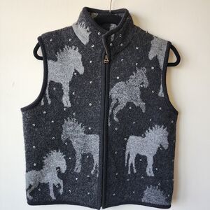 Tally Ho Wool Shetland Pony Cardigan zip up collared vest Sequin M cozy pull on